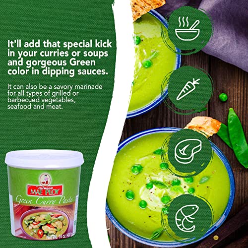 Mae Ploy Green Curry Paste, Authentic Thai Green Curry Paste for Thai Curries & Other Dishes, Aromatic Blend of Herbs, Spices & Shrimp Paste, (14oz Tub) (25469)