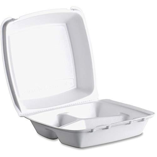 DCC 85HT3R Foam Container, Hinged Lid, 3-Comp, 8 3/8 x 7 7/8 x 3 1/4, 200/Carton