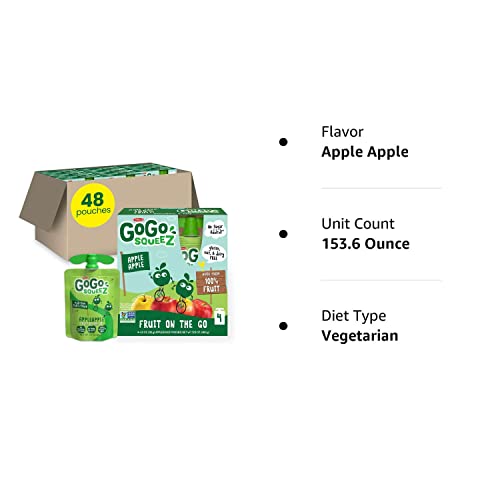 GoGo squeeZ Fruit on the Go, Apple Apple, 3.2 oz (Pack of 48), Unsweetened Fruit Snacks for Kids, Gluten Free, Nut Free and Dairy Free, Reclosable Cap, BPA Free Pouches