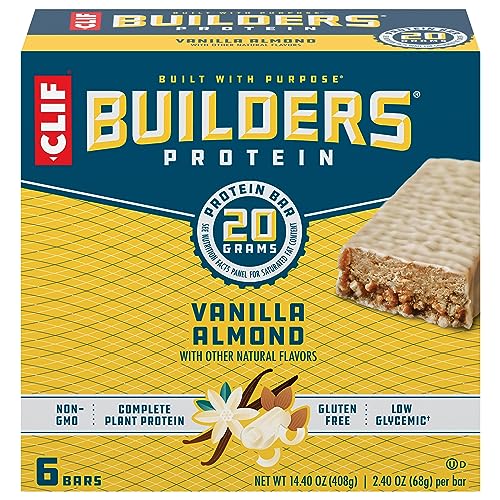 CLIF Builders - Vanilla Almond Flavor - Protein Bars - Gluten-Free - Non-GMO - Low Glycemic - 20g Protein - 2.4 oz. (6 Pack)