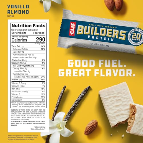 CLIF Builders - Vanilla Almond Flavor - Protein Bars - Gluten-Free - Non-GMO - Low Glycemic - 20g Protein - 2.4 oz. (6 Pack)