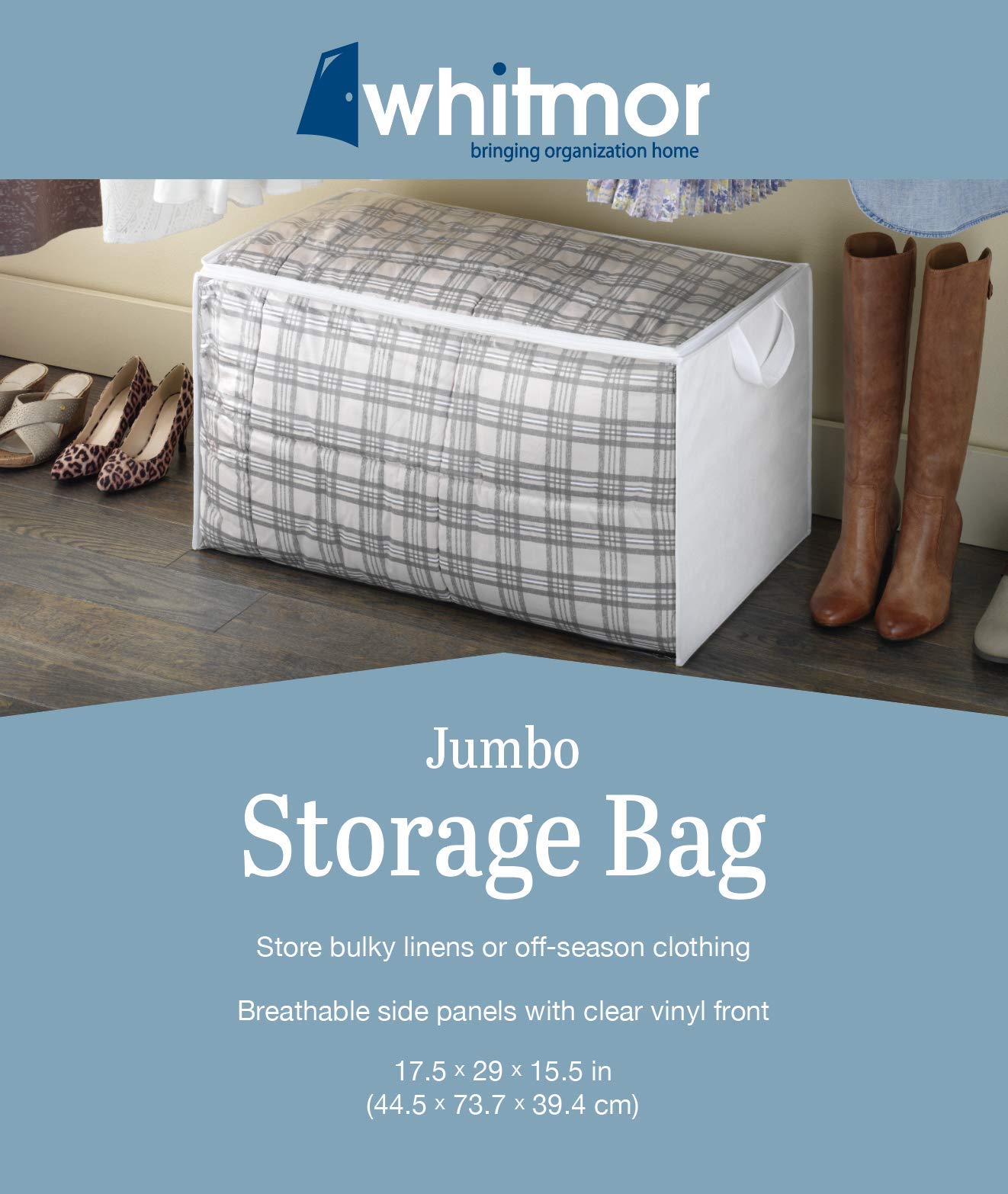 Whitmor Zippered Jumbo Storage Bag, 29"L x 17.5"W x 15.5"H, White / Clear