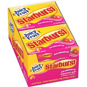 juicy fruit gum (10 pack) juicy fruit & starburst strawberry chewing gum bulk pack, 15 stick