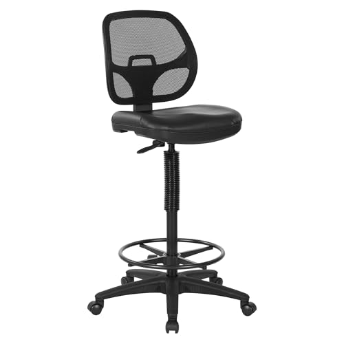 Office Star DC Series Deluxe Breathable Mesh Back Ergonomic Drafting Chair with Lumbar Support and Adjustable Footring, Black Vinyl