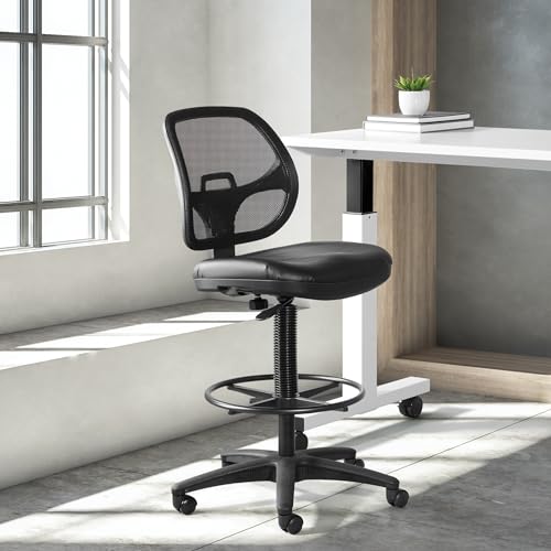 Office Star DC Series Deluxe Breathable Mesh Back Ergonomic Drafting Chair with Lumbar Support and Adjustable Footring, Black Vinyl