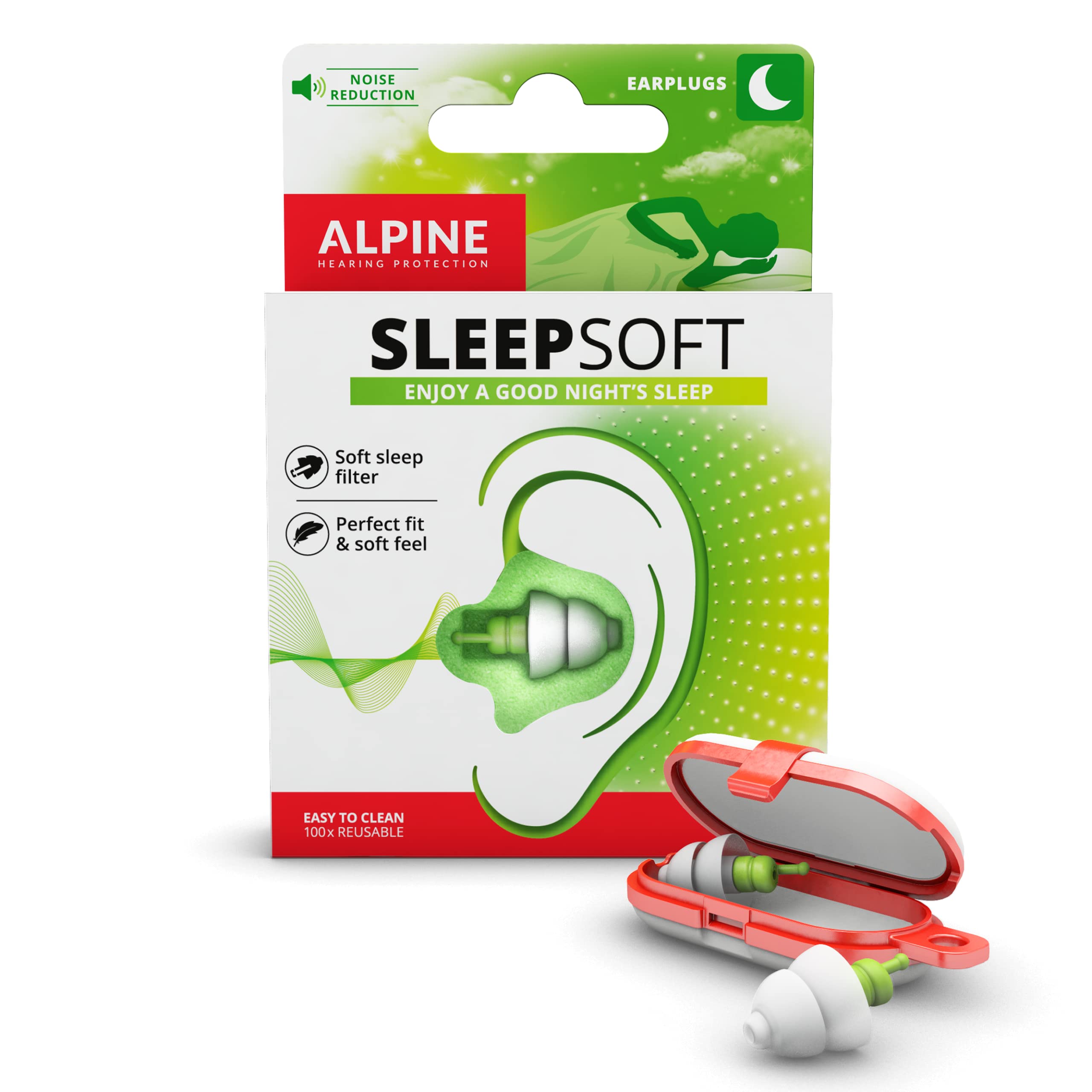 Alpine SleepSoft Sleeping Earplugs - Ultra Soft Filter for Side Sleeper - Reduce Noises & Improve Sleep - Reusable, Hygienic, Hypoallergenic Hearing Protection for Adults with Long Lasting Comfort