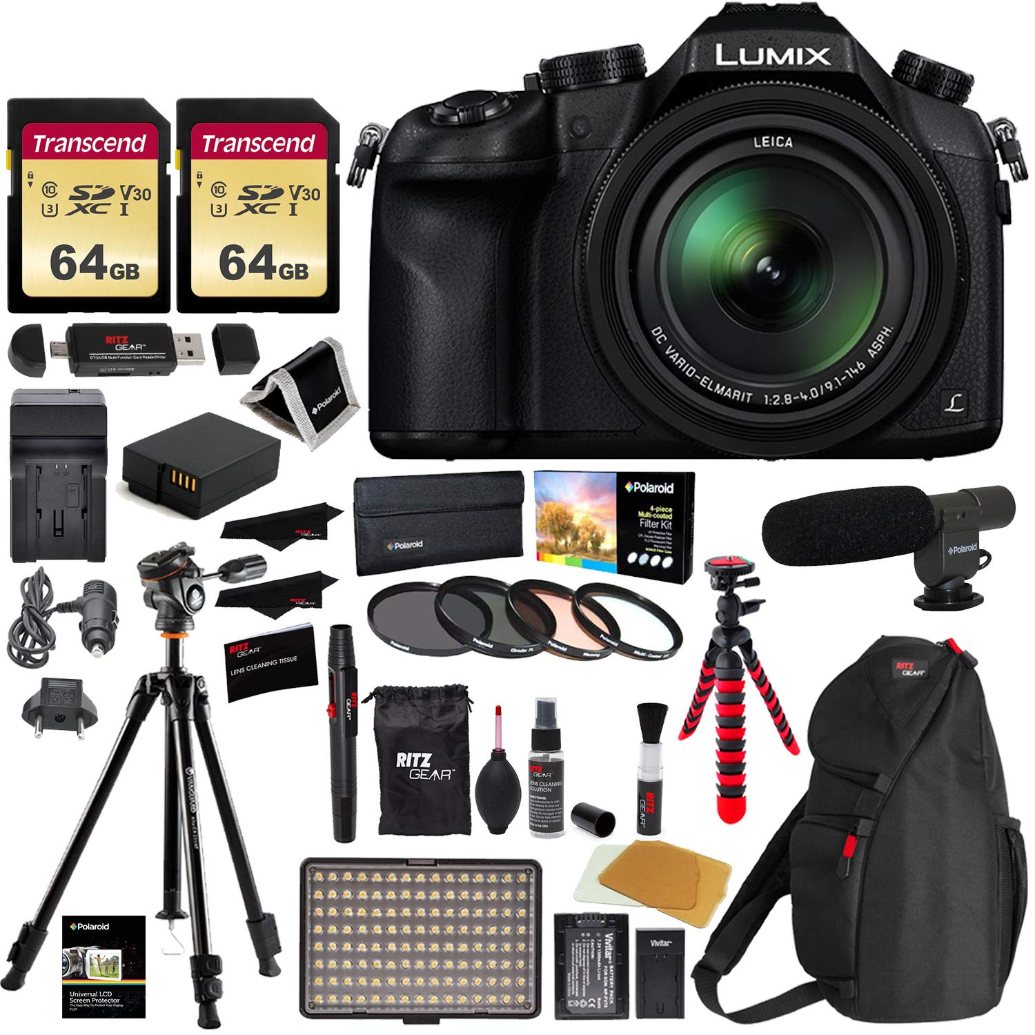 Panasonic Lumix DMC-FZ1000 4K QFHD/HD Digital Camera (Black) + Two 64GB U3 SDXC Cards + Ritz Gear 60" Tripod + Shotgun Mic + LED Light Kit + Spare Battery and Charger + Case and Accessory Bundle