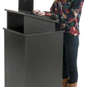 Rolling Wood Podium, 44"H, Locking Wheels, 2 Shelf Open Cabinet, Top Surface with Lip (Black)