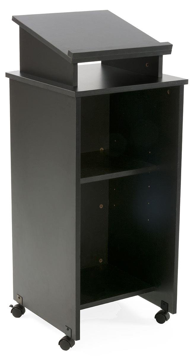 Rolling Wood Podium, 44"H, Locking Wheels, 2 Shelf Open Cabinet, Top Surface with Lip (Black)