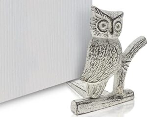 cast iron owl door stop | decorative door stopper wedge | with padded anti-scratch felt bottom | vintage rustic design owl shape | 6x6.5x6.3” | rustic white