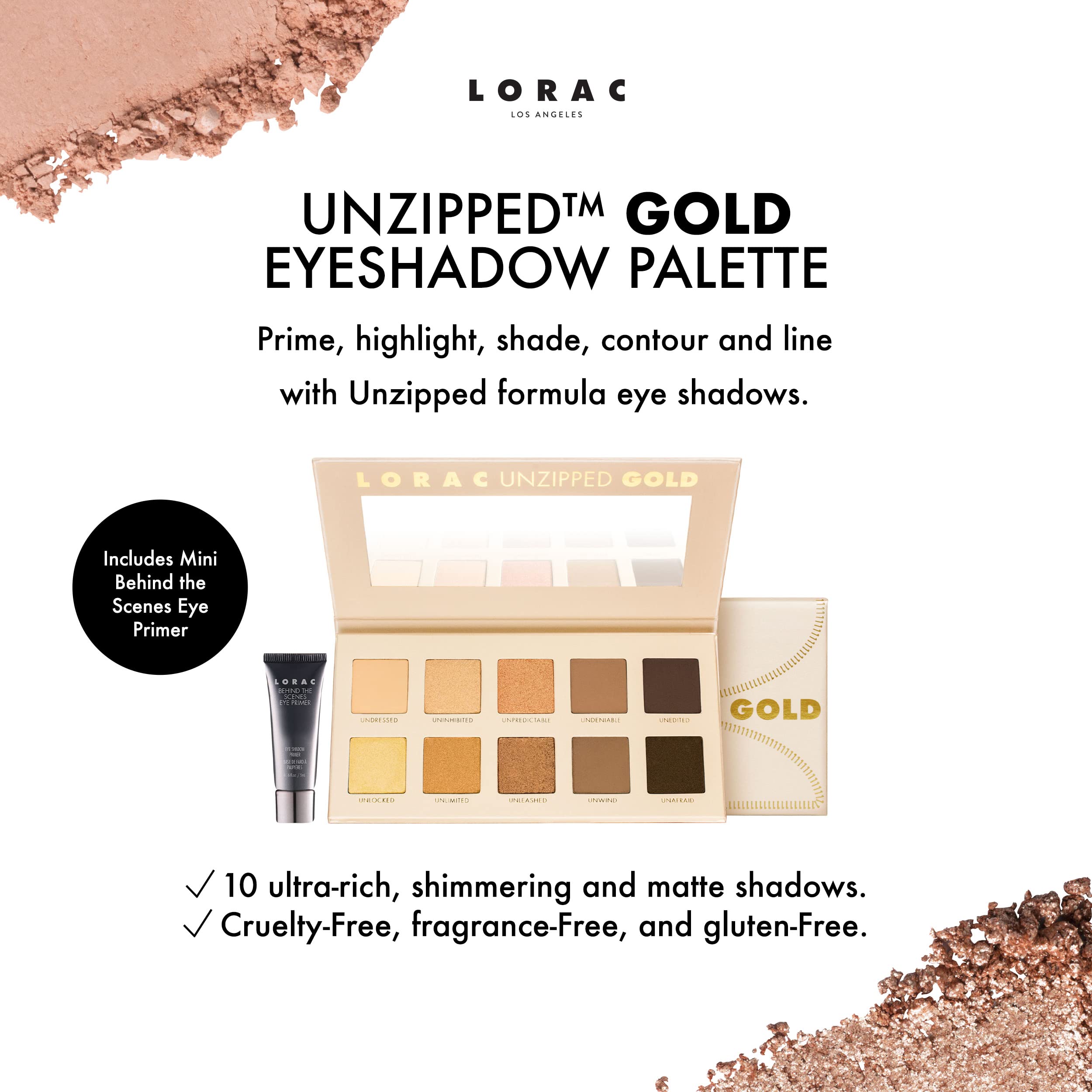 LORAC Unzipped Matte & Glitter Eyeshadow Palette, Gold | Cruelty Free, Gluten Free, Vegan
