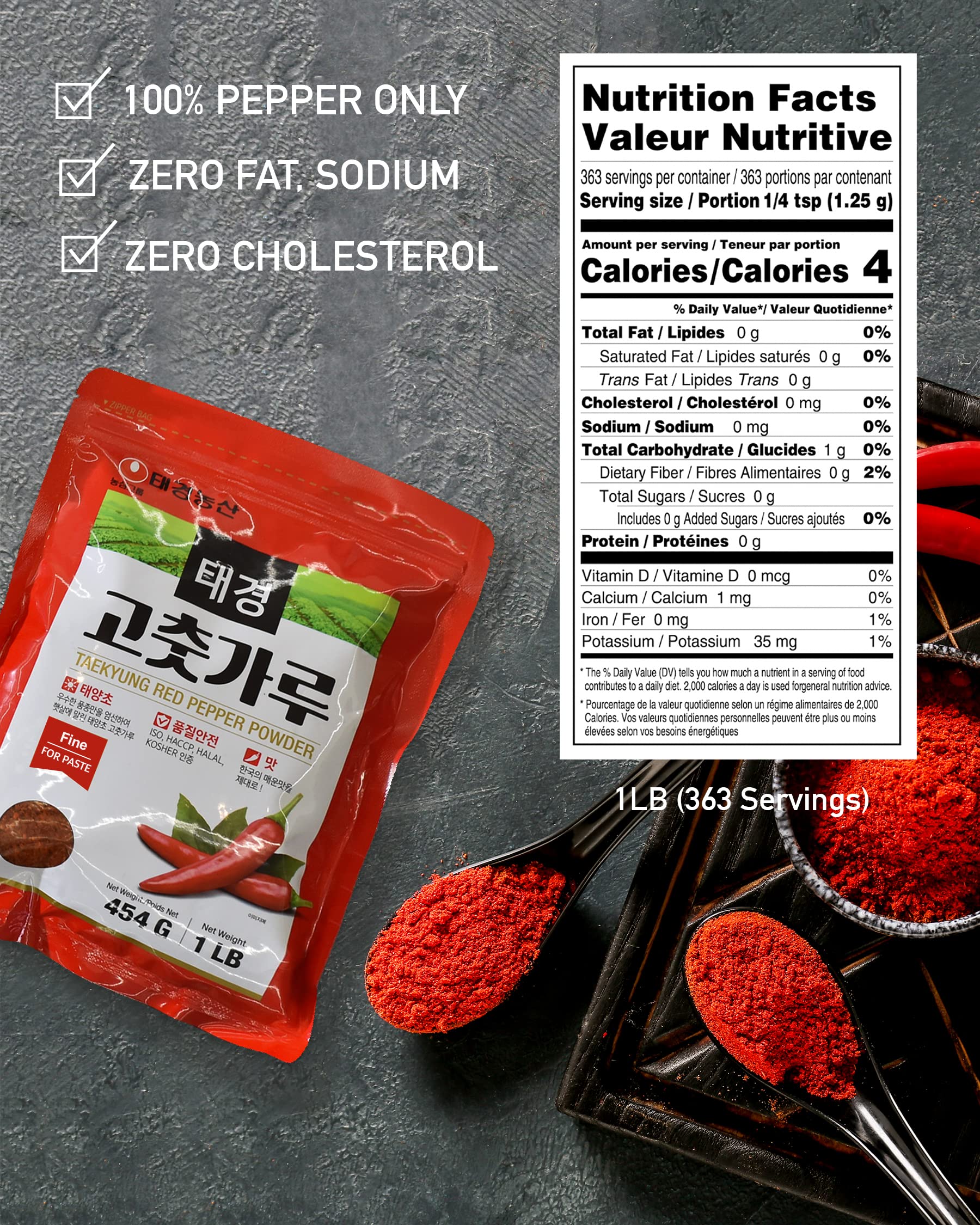 Taekyung Chili Powder For Paste (Fine, 1LB) - Korean Gochugaru. Red Pepper Spice Seasoning for Asian Food. MSG Free.