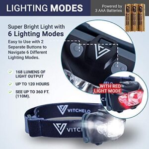 Vitchelo Black Headlamp Flashlight - Red Safety Light - 6 Light Modes - Super Bright Waterproof Adjustable Head Light - 3 AAA Batteries - Running, Jogging, Camping, Hiking, Cycling - Kids, Adults