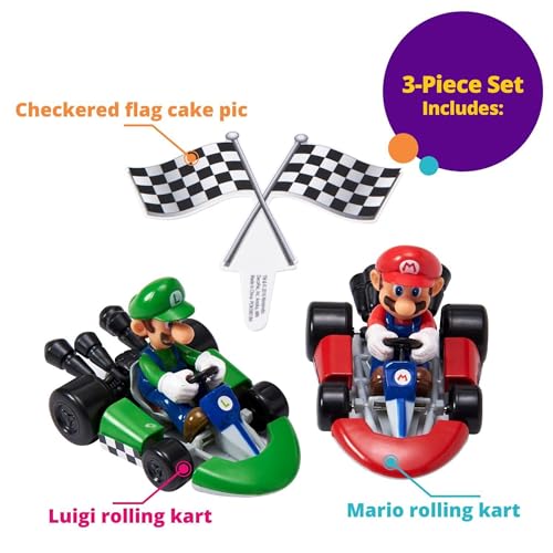 DecoSet® Mario Kart™ Cake Topper, 3 Piece Cake Decoration with Race Kart Toppers & Checkered Flag Decoration, Collectible Character Karts for Hours of Fun After the Party