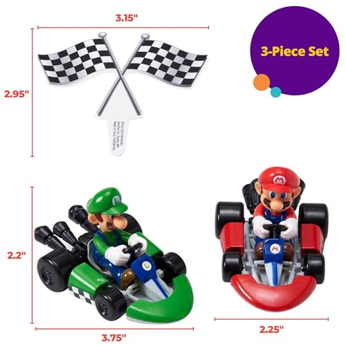 DecoSet® Mario Kart™ Cake Topper, 3 Piece Cake Decoration with Race Kart Toppers & Checkered Flag Decoration, Collectible Character Karts for Hours of Fun After the Party