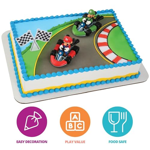 DecoSet® Mario Kart™ Cake Topper, 3 Piece Cake Decoration with Race Kart Toppers & Checkered Flag Decoration, Collectible Character Karts for Hours of Fun After the Party