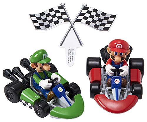 DecoSet® Mario Kart™ Cake Topper, 3 Piece Cake Decoration with Race Kart Toppers & Checkered Flag Decoration, Collectible Character Karts for Hours of Fun After the Party