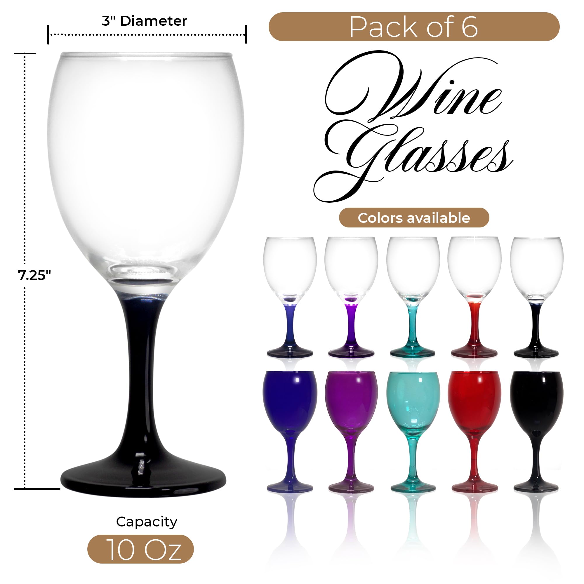 TableTop King Colored Wine Glasses Set of 6 - Colorful Stem Wine Glasses 10 Oz - Black Nuance Accent Cute Wine Glass Set - Sturdy Drinking Glasses - Multiple Vibrant Colors - Modern Glassware Set