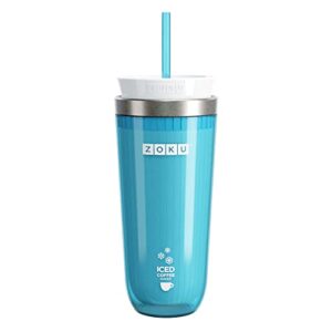 zoku instant iced coffee maker, reusable beverage chiller cools hot beverages in minutes without dilution, portable 11-ounce tumbler with spill-resistant lid and straw, teal
