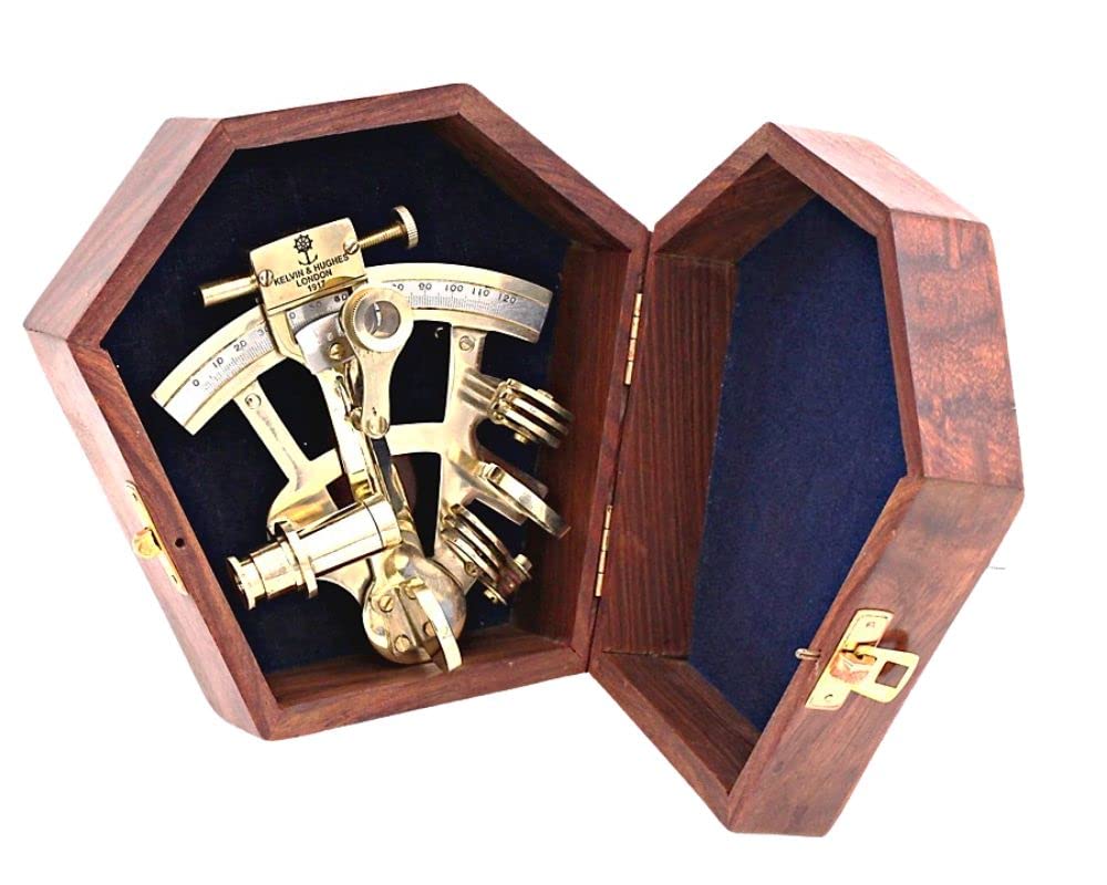 RII Pocket Sextant Kelvin Hughes London Nautical Brass, Navy Sailors Brass Sextant, Celestial Navigation, Determine Latitude & Longitude, with Rose Wooden Box, Galactic Gifting