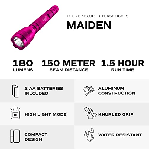 Police Security Maiden Ultra Bright LED Flashlight -180 Lumens -150 Meter Beam Distance -Small, Powerful, Compact & Water Resistant - EDC, Home Security & Camping Battery Powered Flashlight - Pink