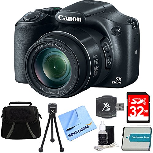 Canon PowerShot SX530 HS 16MP 50x Opt Zoom Full HD Digital Camera Black Deluxe Bundle w/ 32GB SD Card, 1150mah Battery, Compact Deluxe Gadget Bag, 5" Flexible Tabletop Tripod, Hispeed Card Reader&More