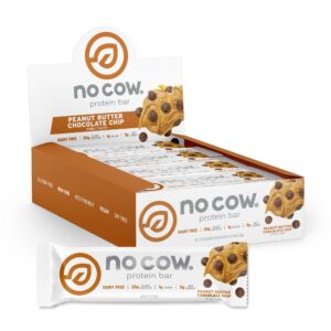 no cow peanut butter chocolate chip snack food bar, 12 count, 20g plant protein, 1g sugar, 19g fiber, 190 calories per serving, gluten free, dairy free, non-gmo, soy free, kosher