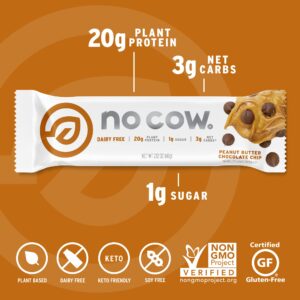 No Cow Peanut Butter Chocolate Chip Snack Food Bar, 12 Count, 20g Plant Protein, 1g Sugar, 19g Fiber, 190 Calories per Serving, Gluten Free, Dairy Free, Non-GMO, Soy Free, Kosher