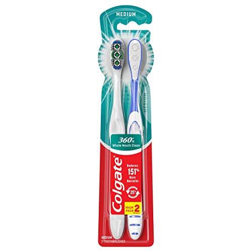 Colgate 360° Toothbrush with Tongue and Cheek Cleaner, Medium - 2 Count