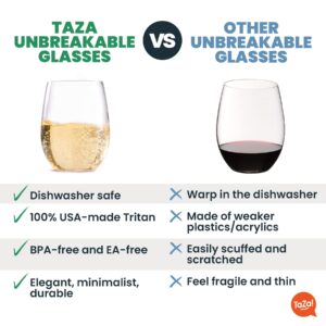 TaZa Unbreakable Stemless Wine Glasses: Elegant Shatterproof Tritan Plastic Outdoor Cups with Weighted Base | Dishwasher-Safe | Smooth Rims | 16 Ounce | Set of 4