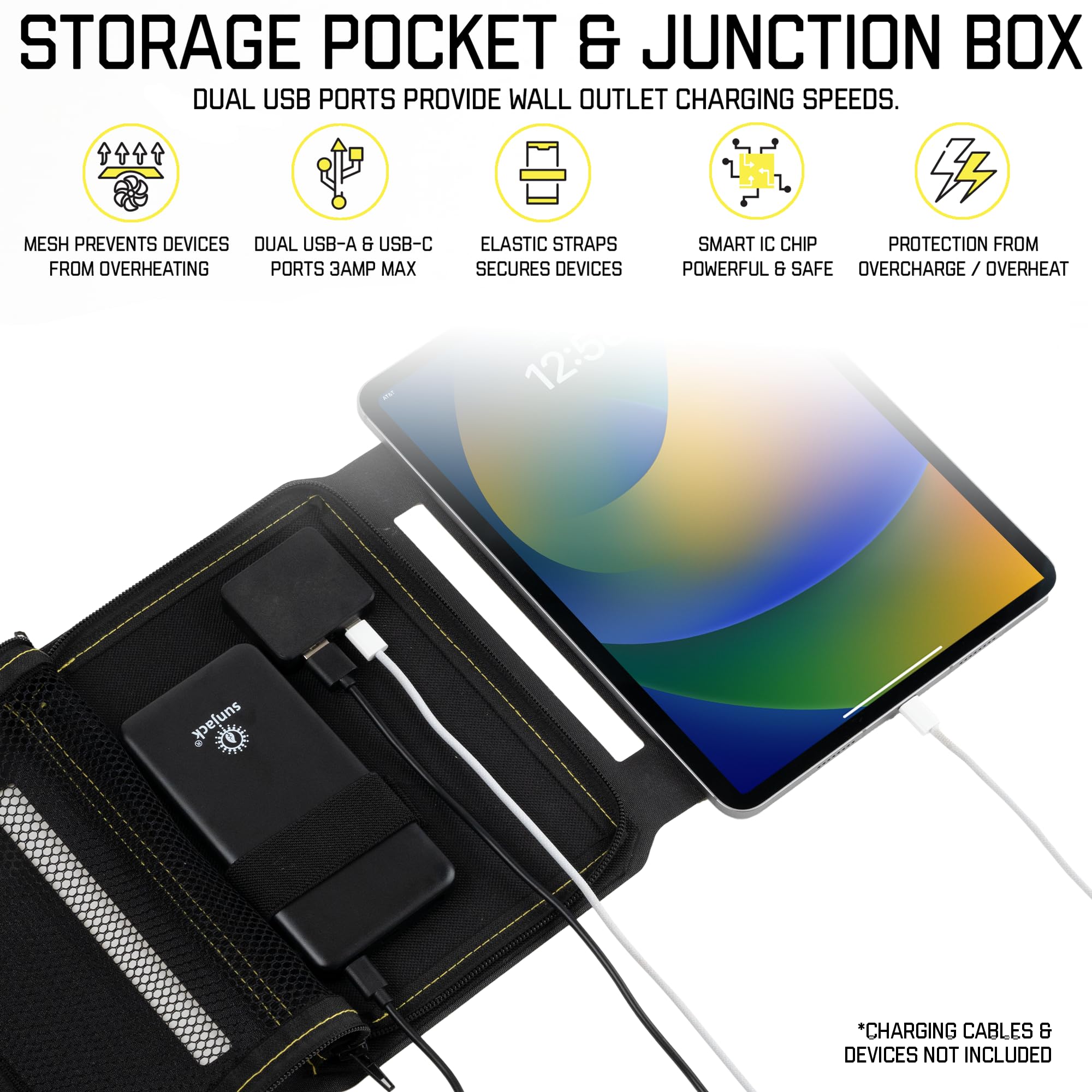 SunJack 15 Watt Foldable IP67 Waterproof ETFE Monocrystalline Solar Panel Charger with USB-C and USB-A for Cell Phones, Tablets and Portable for Backpacking, Camping, Hiking and More