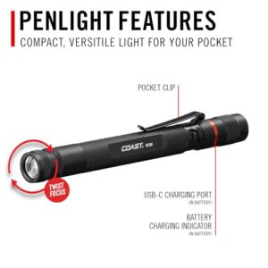 COAST HP3R 500 Lumen Rechargeable LED Penlight with TWIST FOCUS, Black