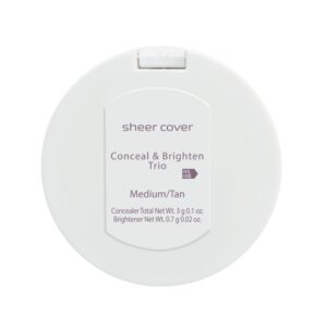 Sheer Cover Studio – Conceal and Brighten Highlight Trio – Two-Toned Concealers – Shimmering Highlighter – Medium/Tan Shade – With FREE Concealer Brush – 3 Grams