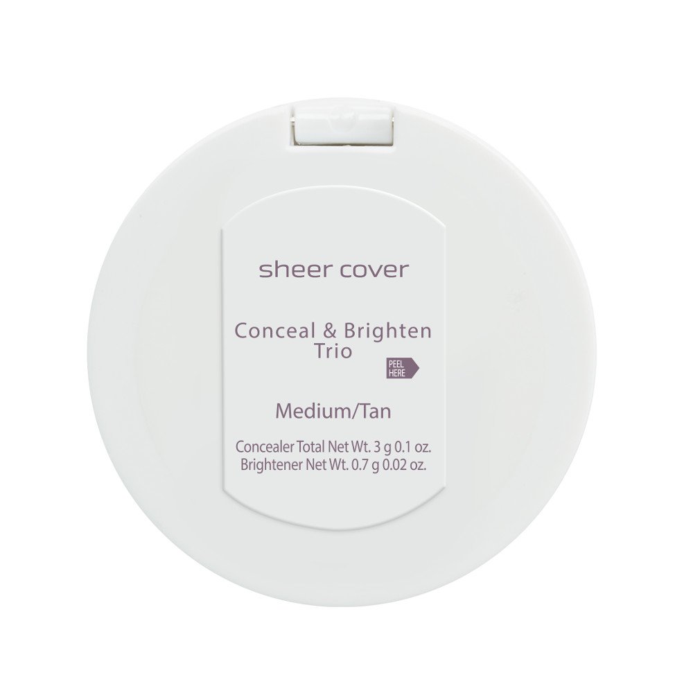 Sheer Cover Studio – Conceal and Brighten Highlight Trio – Two-Toned Concealers – Shimmering Highlighter – Medium/Tan Shade – With FREE Concealer Brush – 3 Grams