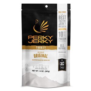 perky jerky original turkey jerky, 14oz - low sodium - 10g protein per serving - low fat - 100% u.s. sourced - handcrafted, tender texture and bold flavor