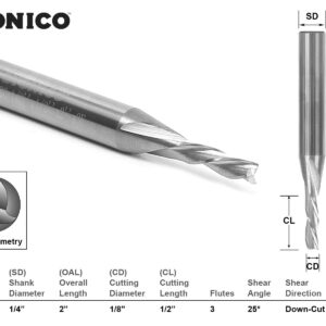 YONICO Downcut Router Bits Spiral 3 Flute Solid Carbide CNC End Mill 1/8-Inch Dia. 1/4-Inch Shank 32310-SC