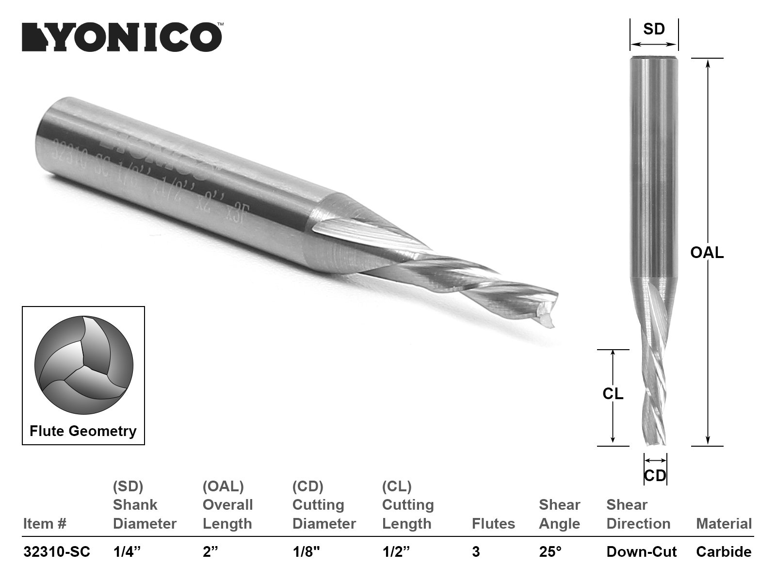 YONICO Downcut Router Bits Spiral 3 Flute Solid Carbide CNC End Mill 1/8-Inch Dia. 1/4-Inch Shank 32310-SC