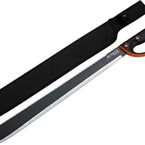 Jungle Master – Machete w/ Reverse Serrations – Black/Satin Blade, Full Tang, Black/Orange Rubberized Nylon Fiber Handle, Nylon Sheath, Outdoor, Hunt, Camp, Hike, Survival, JM-024L