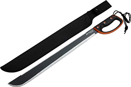 Jungle Master – Machete w/ Reverse Serrations – Black/Satin Blade, Full Tang, Black/Orange Rubberized Nylon Fiber Handle, Nylon Sheath, Outdoor, Hunt, Camp, Hike, Survival, JM-024L