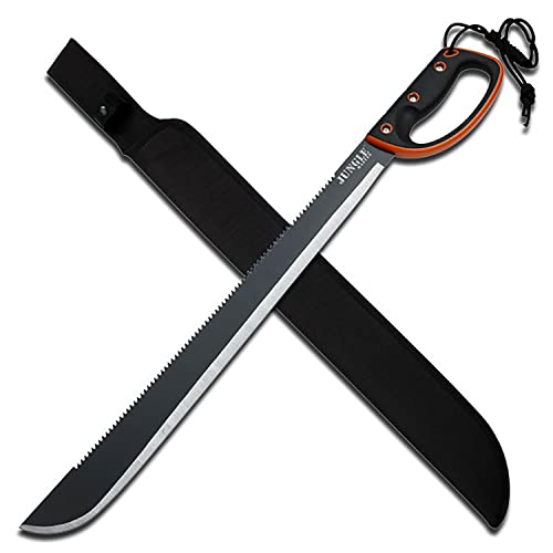 Jungle Master – Machete w/ Reverse Serrations – Black/Satin Blade, Full Tang, Black/Orange Rubberized Nylon Fiber Handle, Nylon Sheath, Outdoor, Hunt, Camp, Hike, Survival, JM-024L