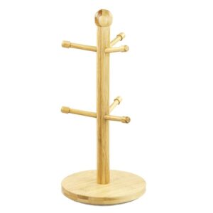 home basics bamboo mug tree, holds up to 6 coffee cups, free standing, circular base, kitchen countertop, beige (1)