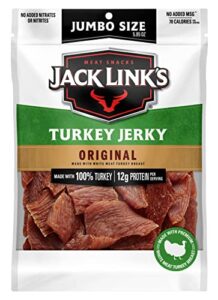 jack link's turkey jerky, original, 5.85 oz. sharing size bag – flavorful meat snack with 12g of protein, 80 calories, made with 100% turkey - 96% fat free, no added msg or nitrates/nitrites