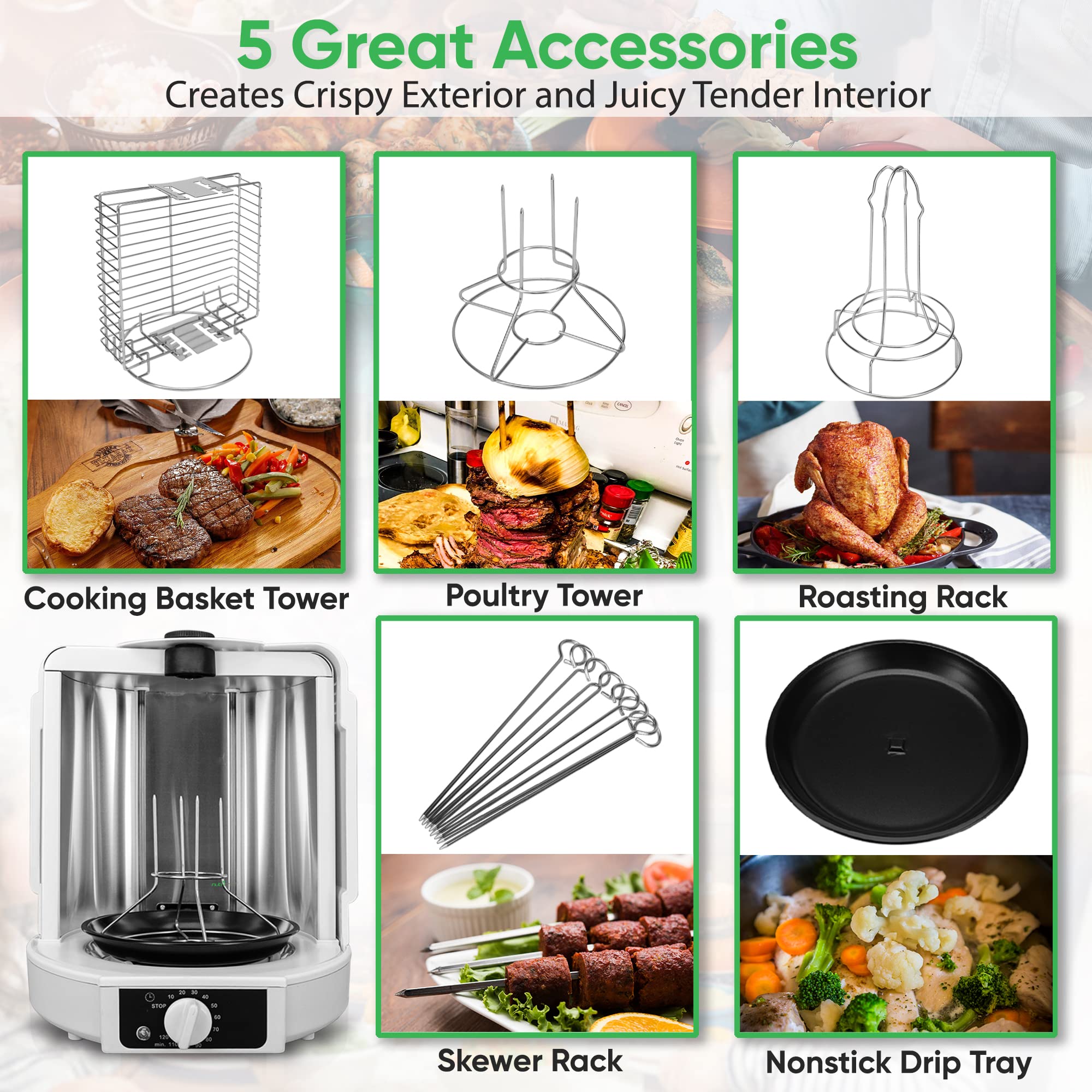 NutriChef Vertical Rotisserie Oven Roaster - Rotating Shawarma/Kebab Machine with Skewer and Rack, Basket Tower, Roasting Rack, Poultry Tower, Drip Tray - For Meat Chicken Turkey Lamb - PKRT15 White