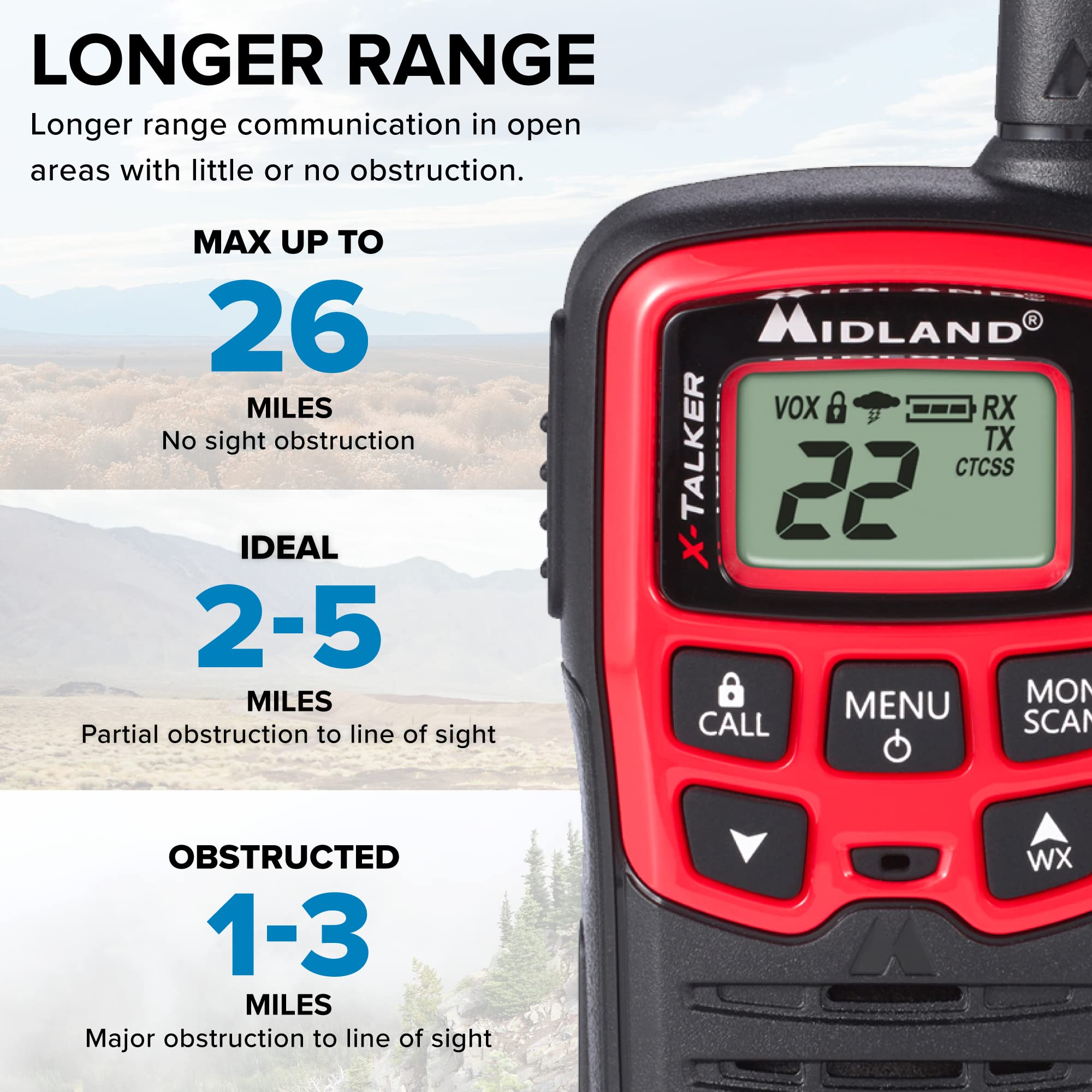 Midland® - T31VP - X Talker - 22 Channel FRS Walkie Talkies - Extended Range Two-Way Radios, 38 Privacy Codes, & NOAA Weather Alert - Set of 2 - Black/Red