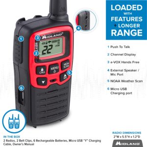 Midland® - T31VP - X Talker - 22 Channel FRS Walkie Talkies - Extended Range Two-Way Radios, 38 Privacy Codes, & NOAA Weather Alert - Set of 2 - Black/Red