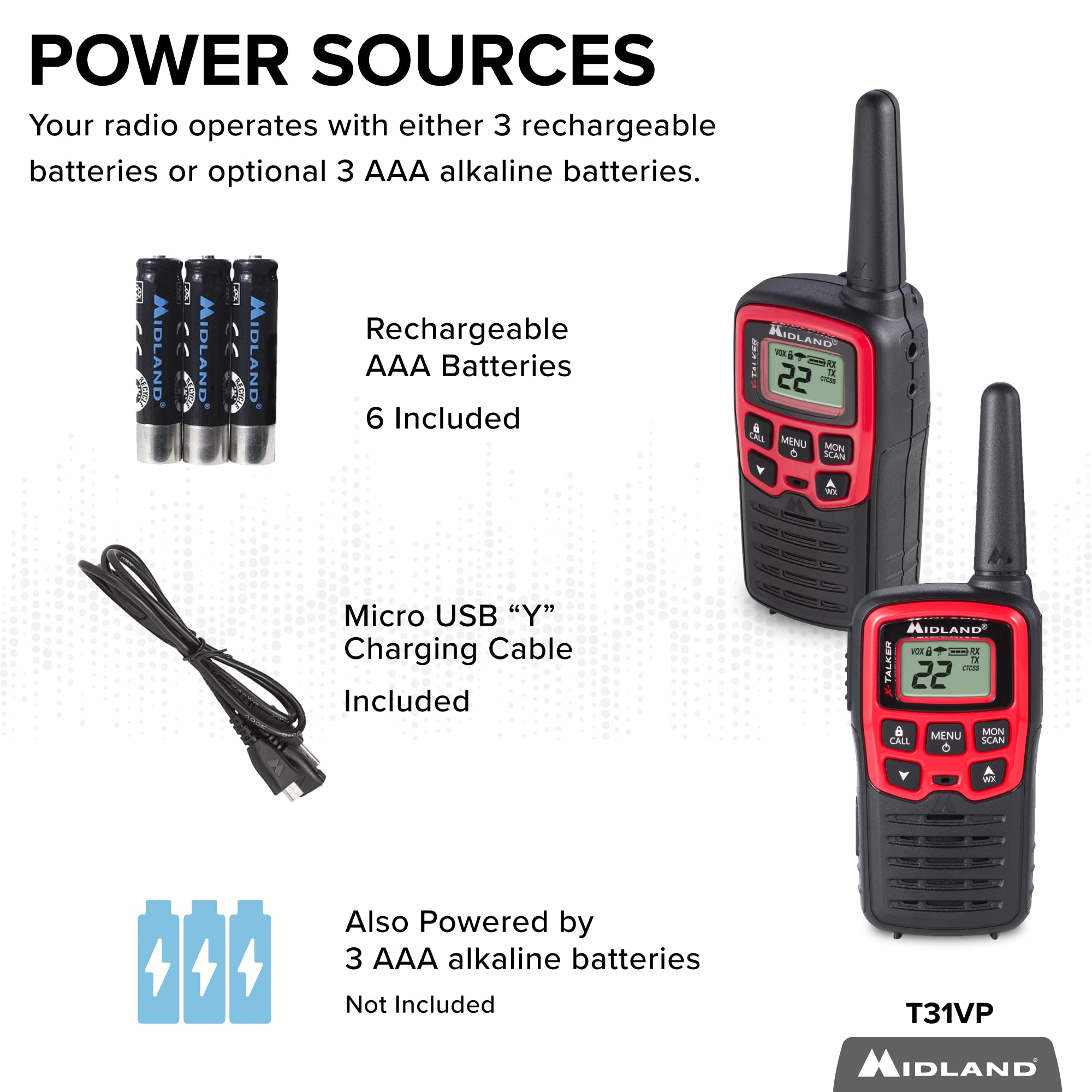 Midland® - T31VP - X Talker - 22 Channel FRS Walkie Talkies - Extended Range Two-Way Radios, 38 Privacy Codes, & NOAA Weather Alert - Set of 2 - Black/Red