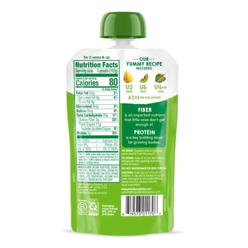 Happy Tot Organics Stage 4 Baby Food Pouches, Gluten Free, Vegan Snack, Fiber & Protein Fruit & Veggie Puree, Pears, Kiwi & Kale, 4 Ounce (Pack of 1)