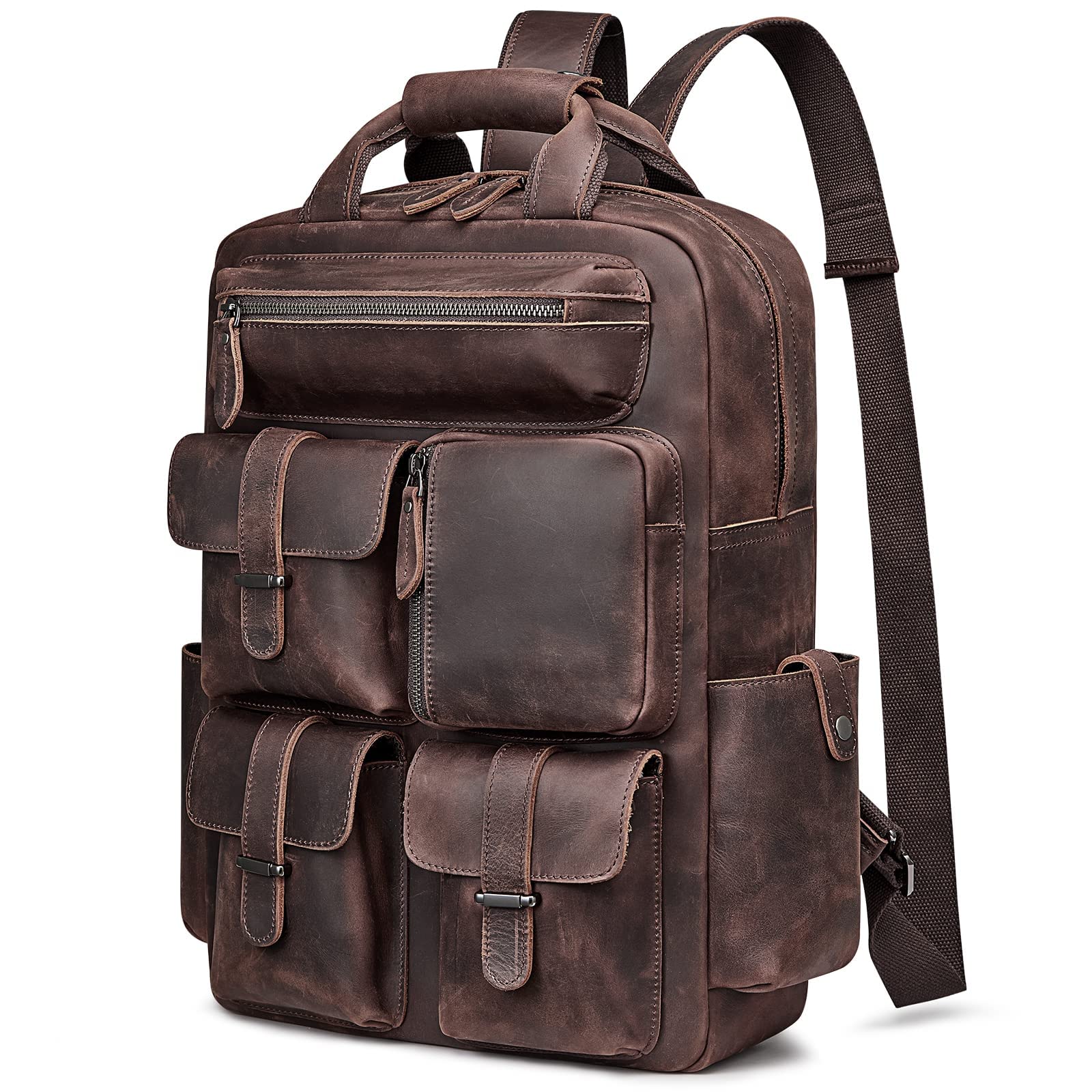 S-ZONE Men Genuine Leather Backpack Bag Vintage Casual Travel Daypack Multi Pockets Outdoor