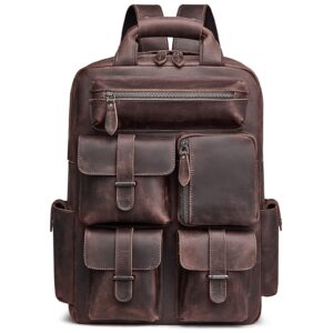 S-ZONE Men Genuine Leather Backpack Bag Vintage Casual Travel Daypack Multi Pockets Outdoor