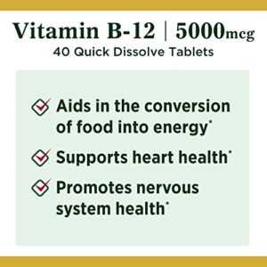 Nature's Bounty Vitamin B12, Quick Dissolve Vitamin Supplement, Supports Energy Metabolism and Nervous System Health, 5000mcg, 40 Tablets